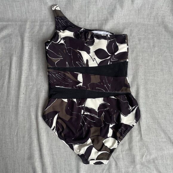 Carmen Marc Valvo‎ One Piece Swimsuit Floral Black White Green Women's Size 8 - Picture 2 of 6